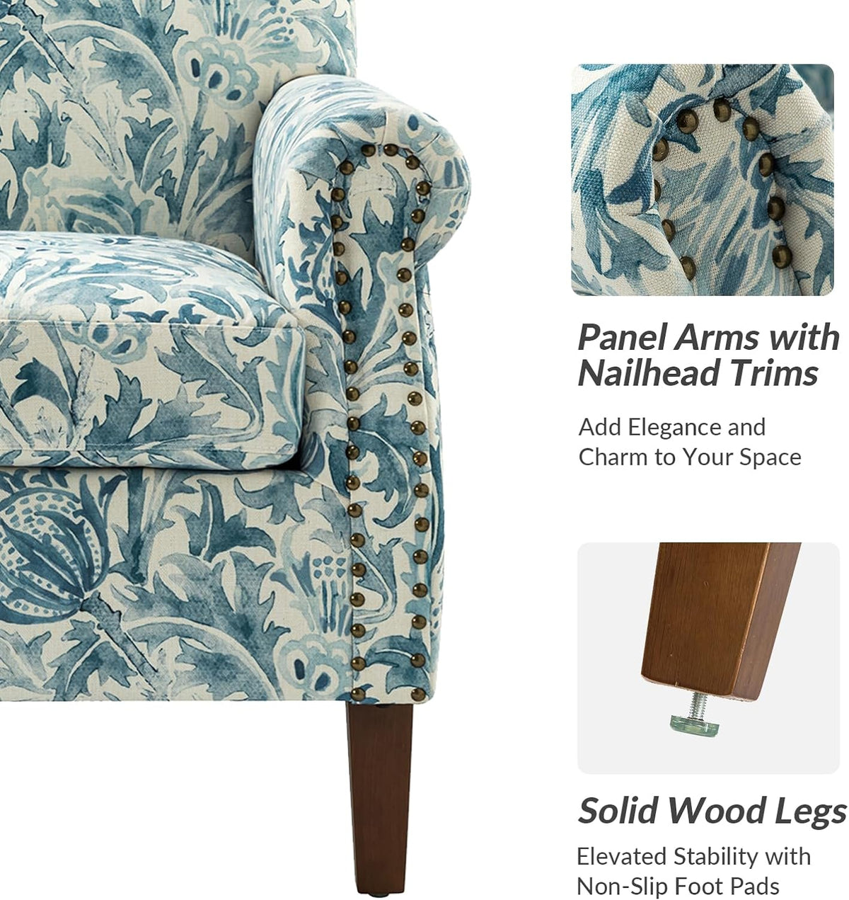 Accent Chair With Wood Legs & Removable Cushion, Floral Design Single Sofa E88063