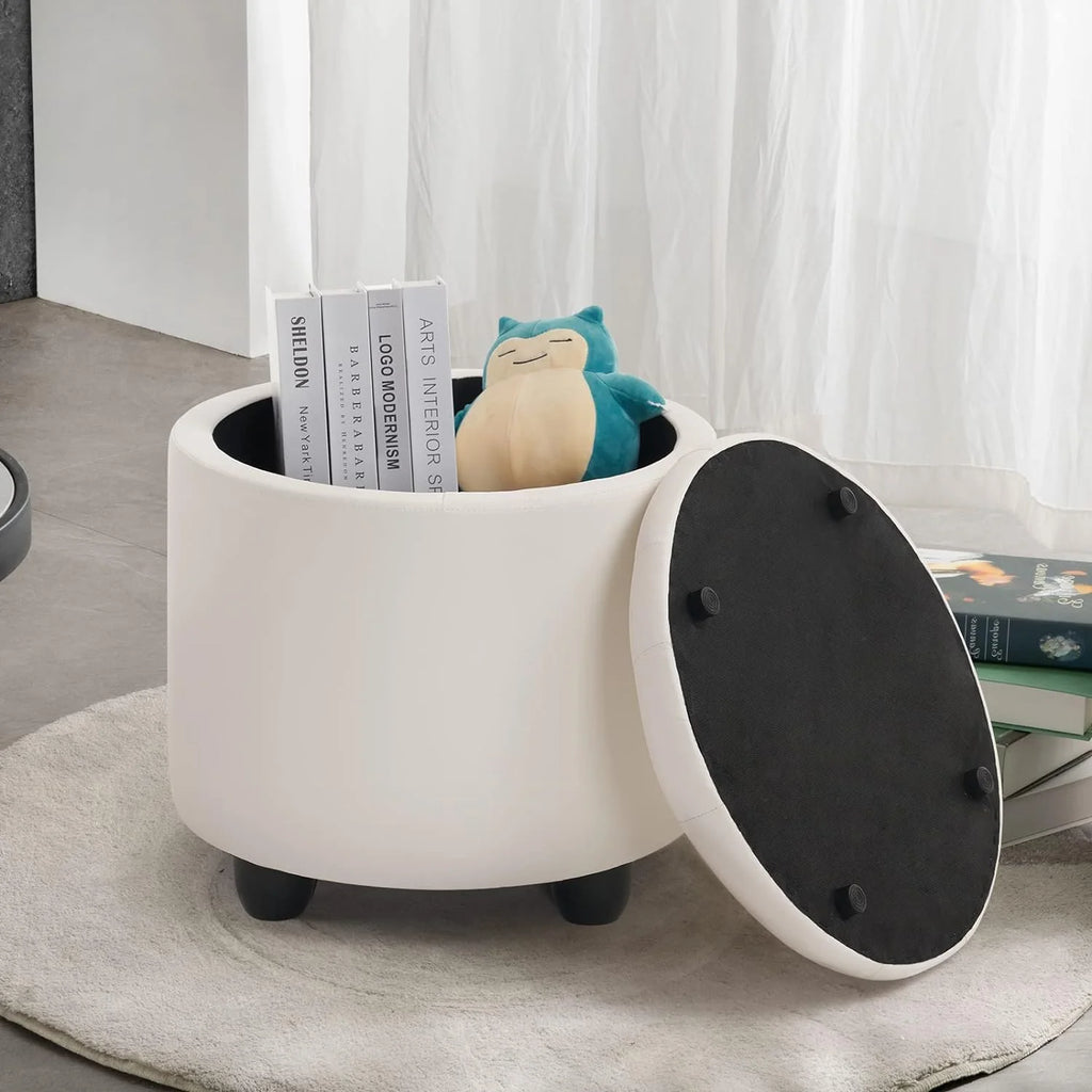 19" Round Storage Ottoman with Cover Lid Tufted PU Leather Fabric Ottoman Z588186