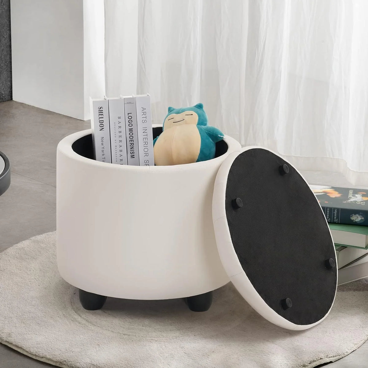 19" Round Storage Ottoman with Cover Lid Tufted PU Leather Fabric Ottoman Z588186