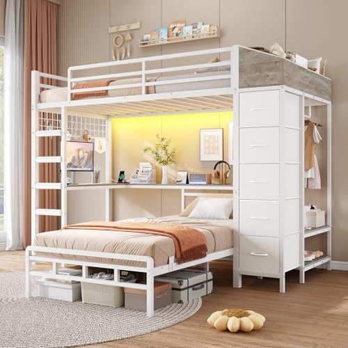 Twin Over Twin L-Shaped Bunk Bed with Desk, 5 Storage Drawers, Guardrail & Stairs, Black O106755