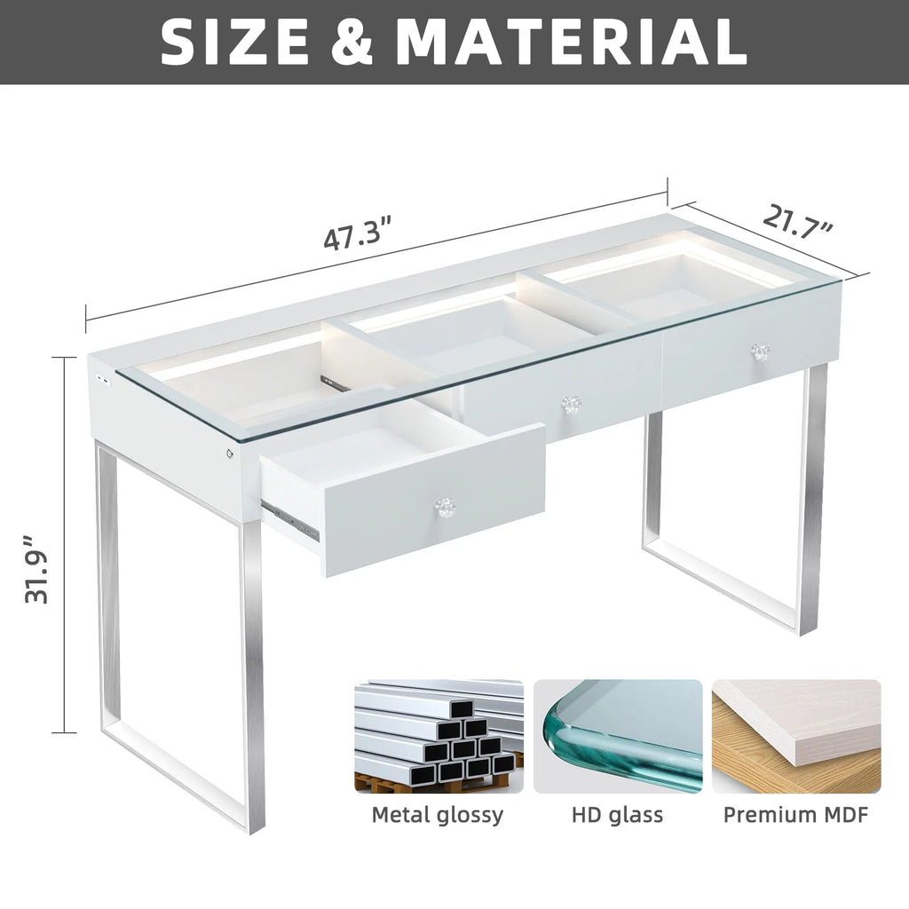 3-Drawer Vanity Table with LED Light and Charging Port L731