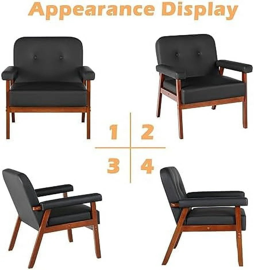 Black Faux Leather Accent Chairs Set of 2 with Wood Arms I3014