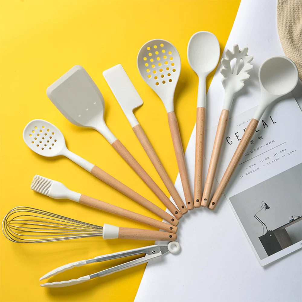 10 PCS Silicone Utensil Set Wooden Handle E311135
