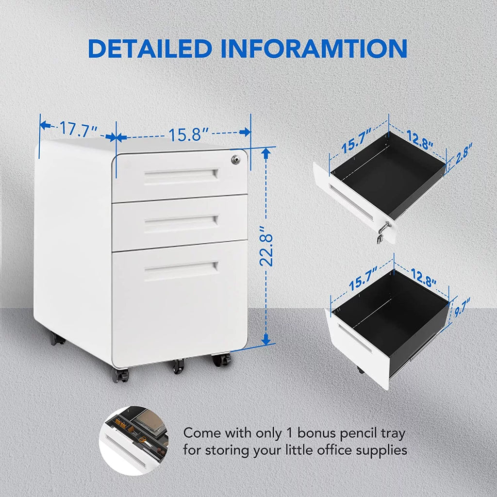 White 3 Drawer Metal File Cabinet with Lock S78348