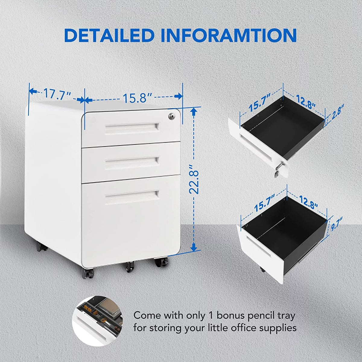 White 3 Drawer Metal File Cabinet with Lock S78348