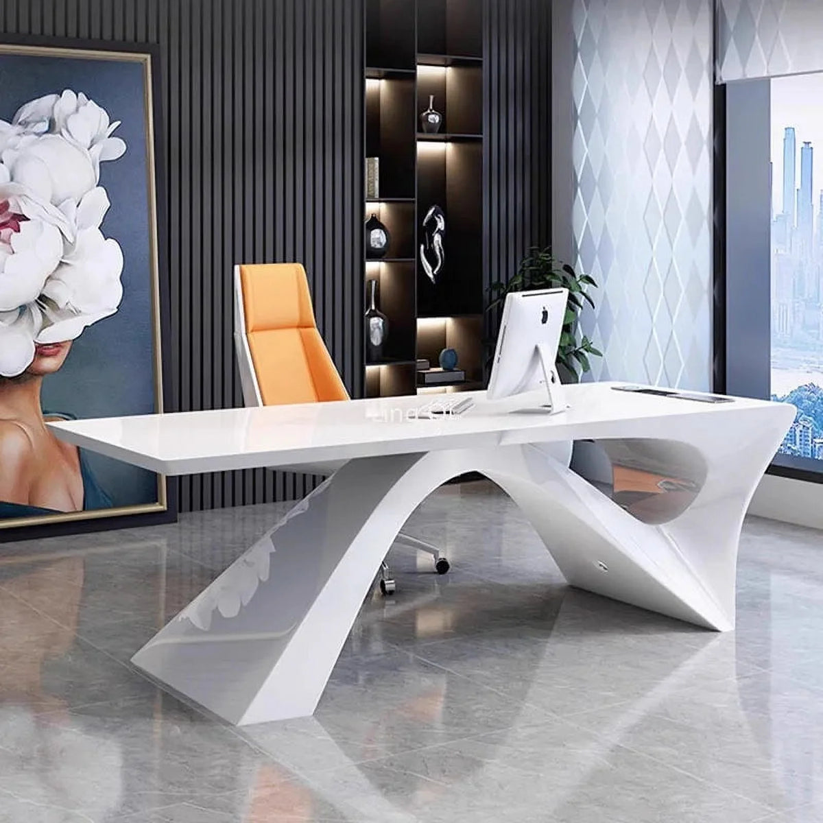 White Office Desk with Filing Cabinets M89157