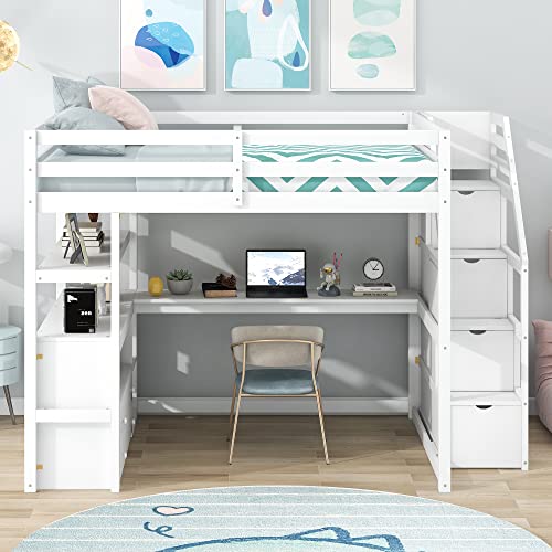 White Twin Over Twin Solid Wood Bunk Bed with Stairs and Trundle M7581