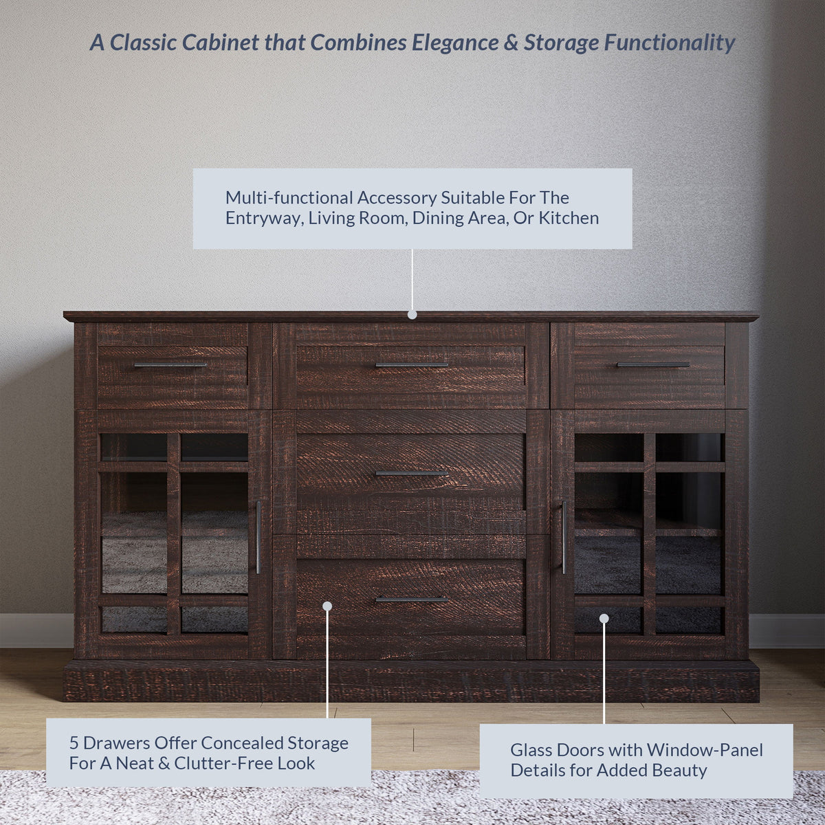 Espresso Sideboard Buffet Console Table with Drawers and Adjustable Shelves X13710