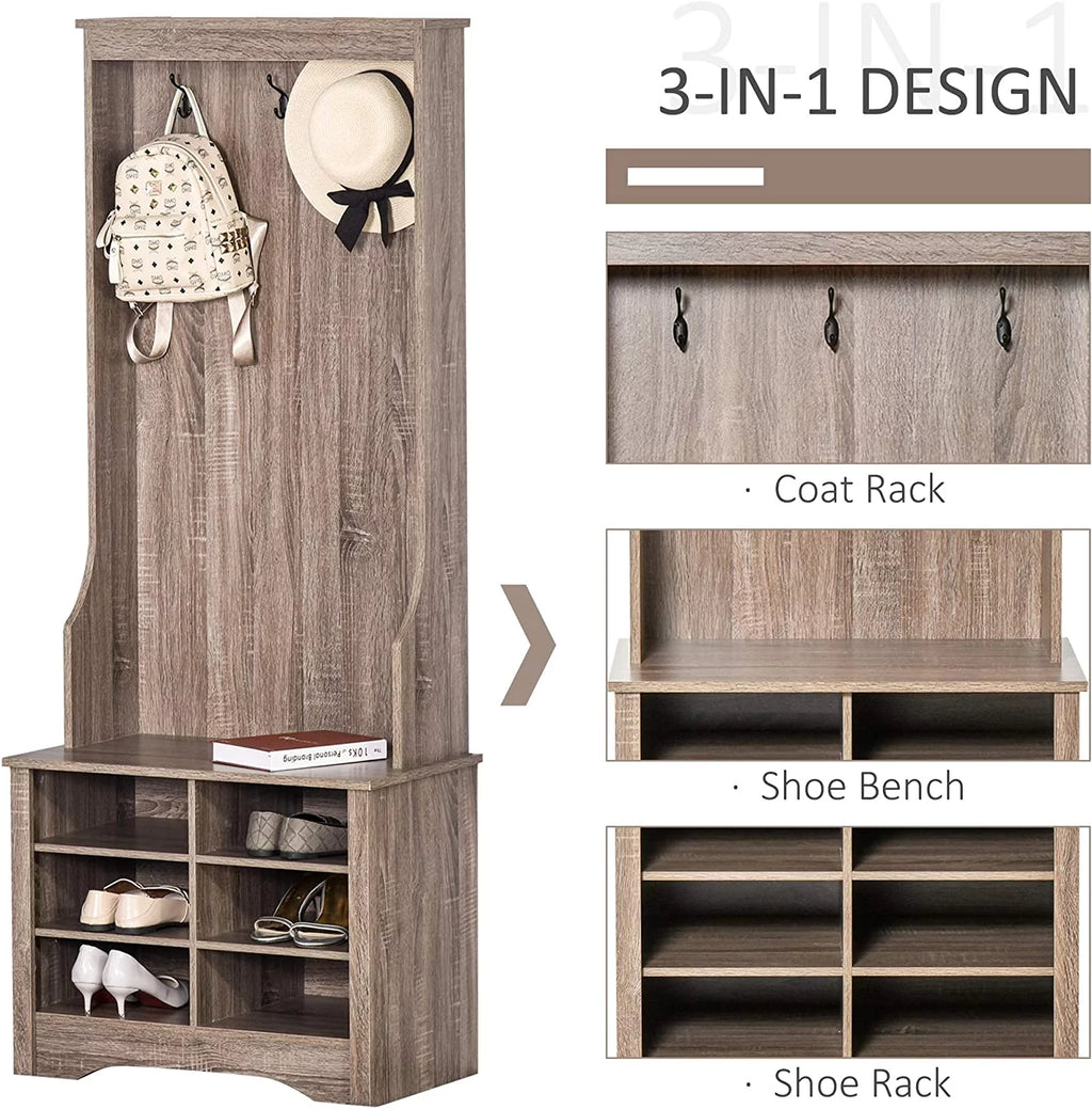 Rustic Brown Hall Tree with Coat Rack and Storage S364