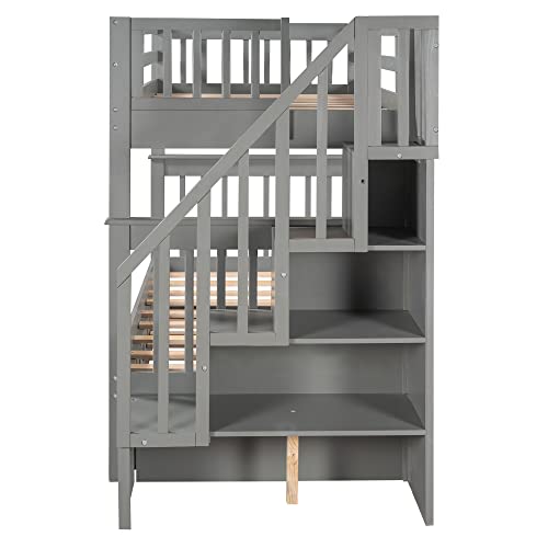 White Twin Over Twin Solid Wood Bunk Bed with Stairs and Trundle M7581