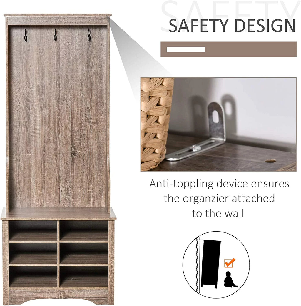 Rustic Brown Hall Tree with Coat Rack and Storage S364