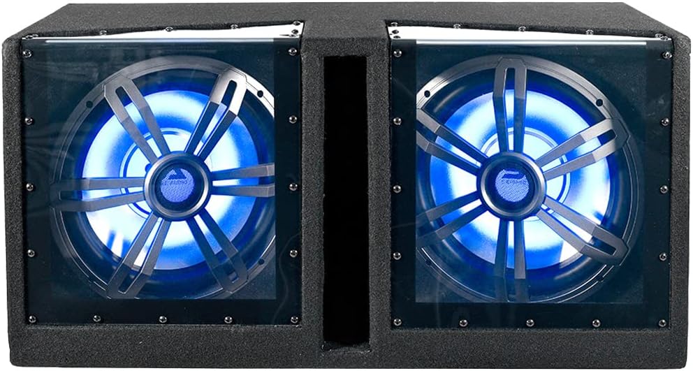 Dual 12 Inch Vented 1200 Watt Car Audio Subwoofer with LED Lights Enclosure Package with Amplifier & Cables A579509