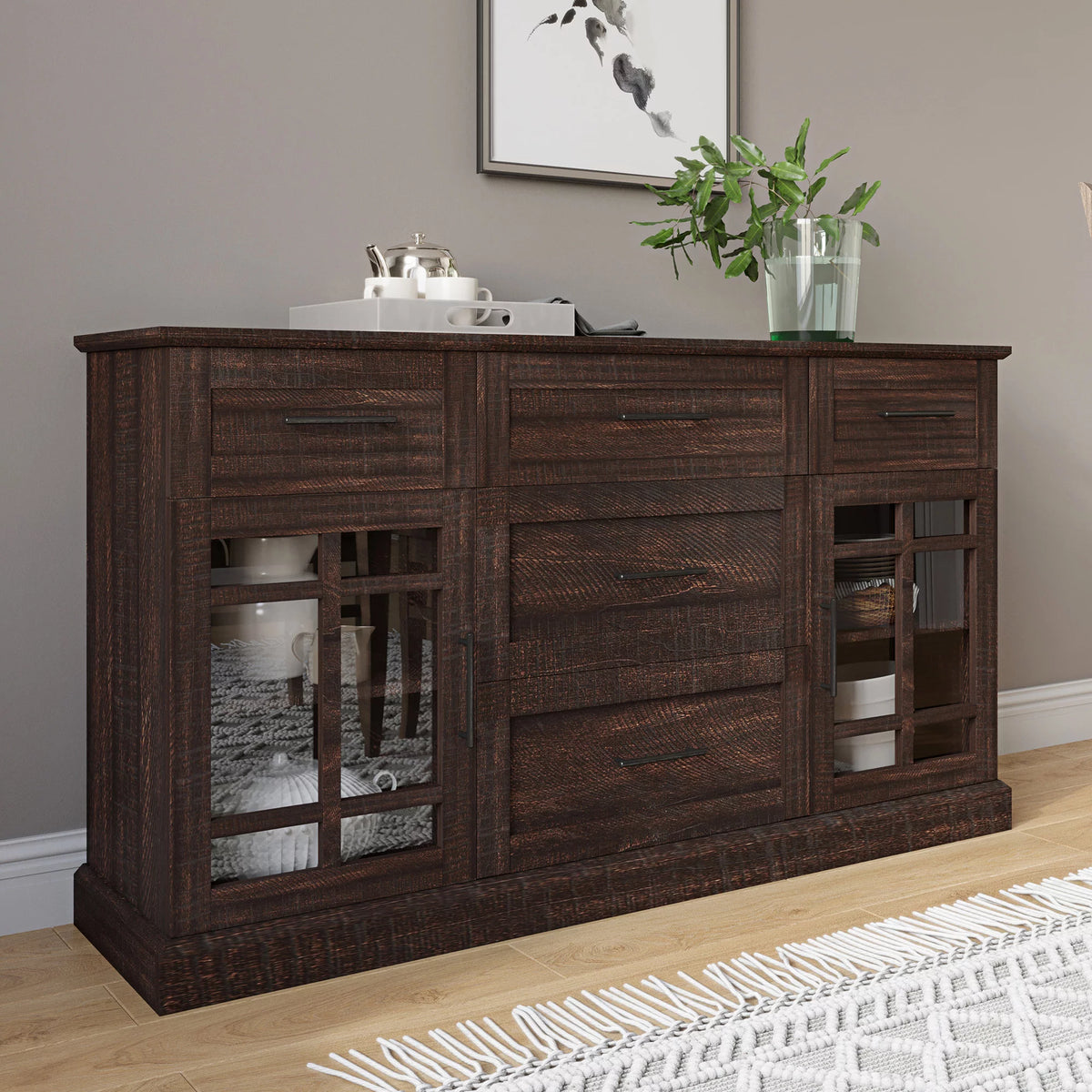 Espresso Sideboard Buffet Console Table with Drawers and Adjustable Shelves X13710