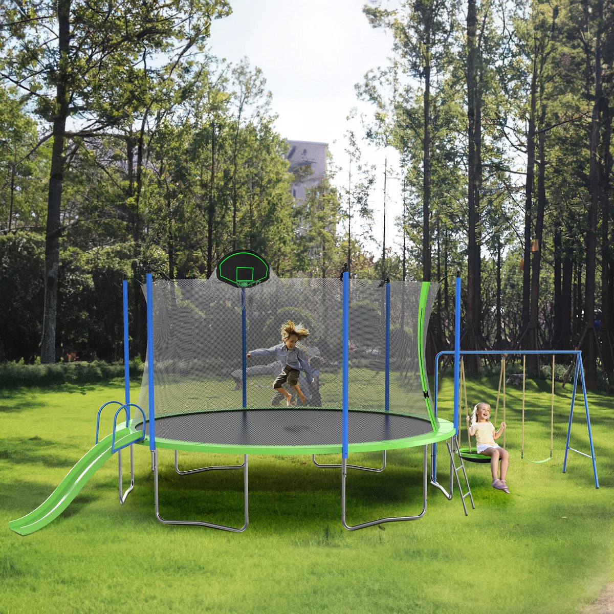 Blue 14FT Trampoline with Basketball Hoop Safety Enclosure Net C951430