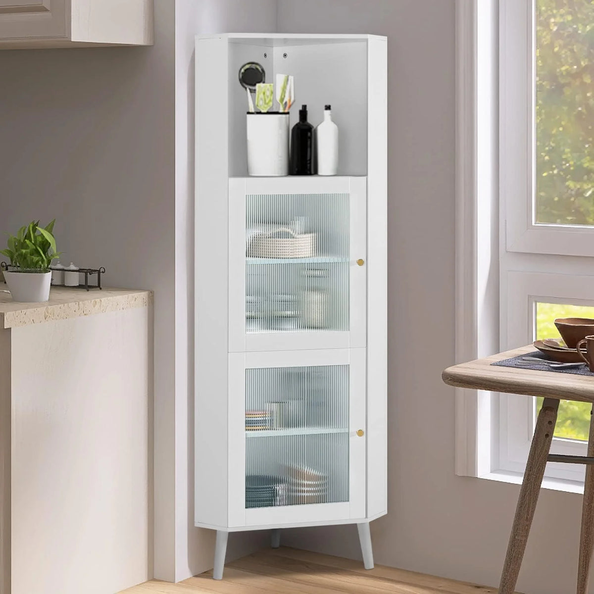 White Corner Cabinet with Glass Doors P5027