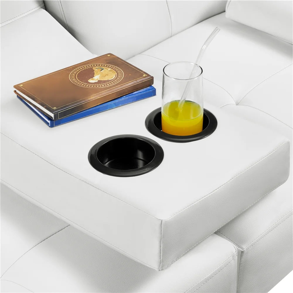White Faux Leather Futon Sofa Bed with Cup Holders C59052