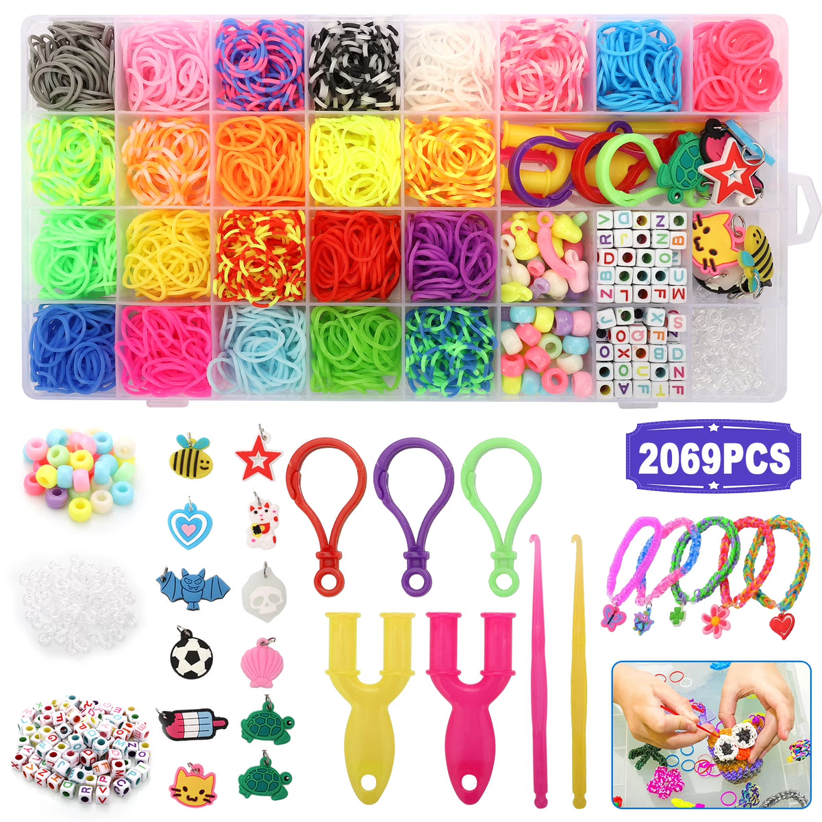 2069pcs Loom Bands Kit 28 Colors Rubber Bands Bracelets Making Kit with Accessory D155625