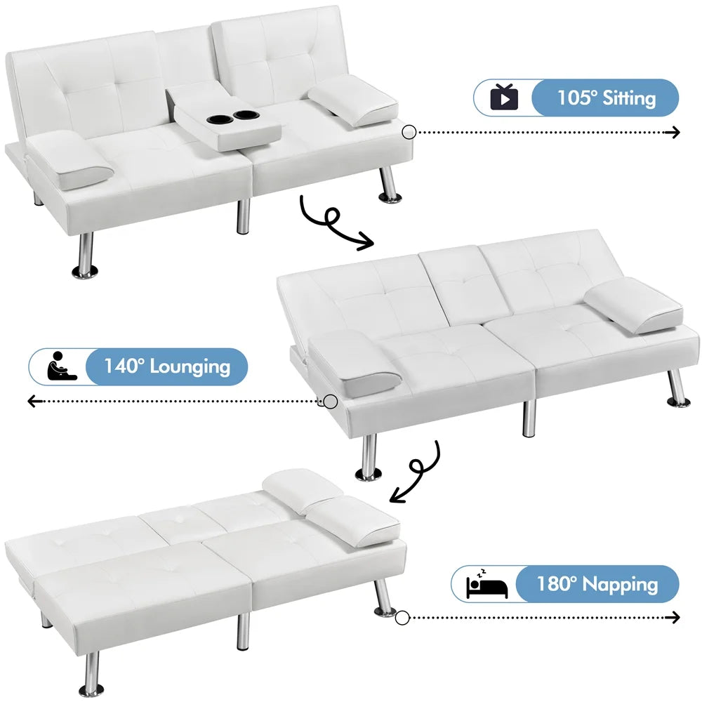 White Faux Leather Futon Sofa Bed with Cup Holders C59052