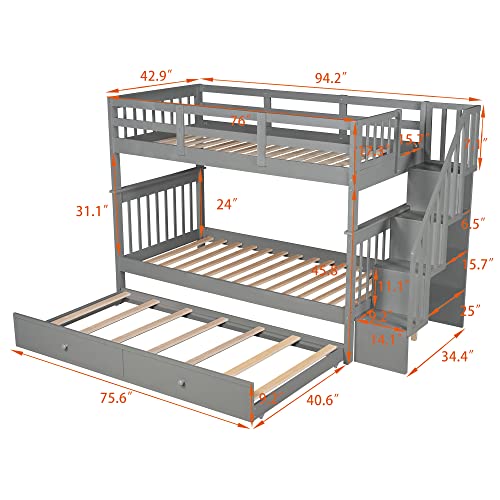 White Twin Over Twin Solid Wood Bunk Bed with Stairs and Trundle M7581