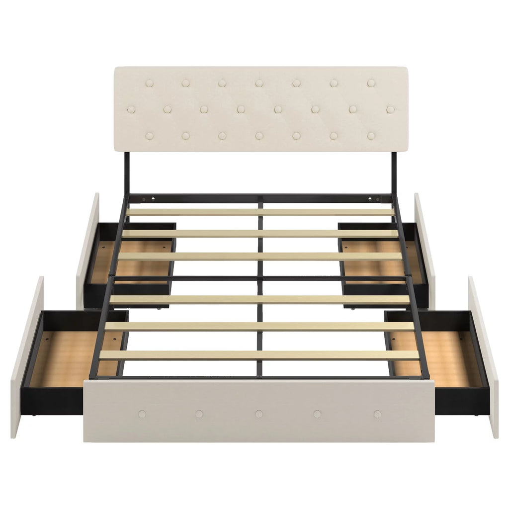 King Bed Frame with Tufted Headboard and 4 Drawers S664