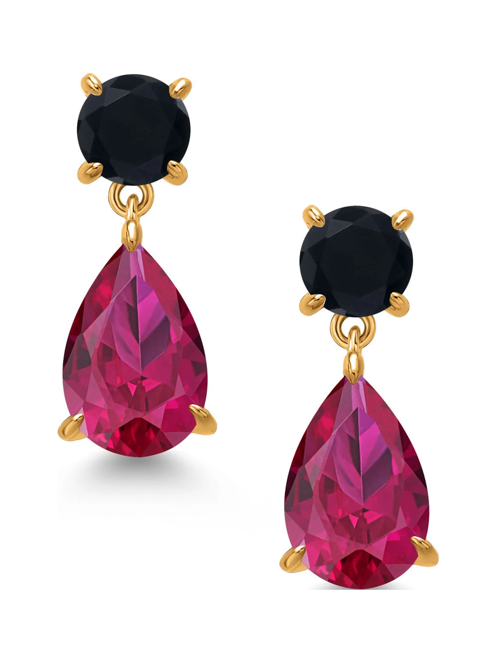 18K Yellow Gold Plated Red Created Ruby and Black Onyx Teardrop Dangle Earrings F63001