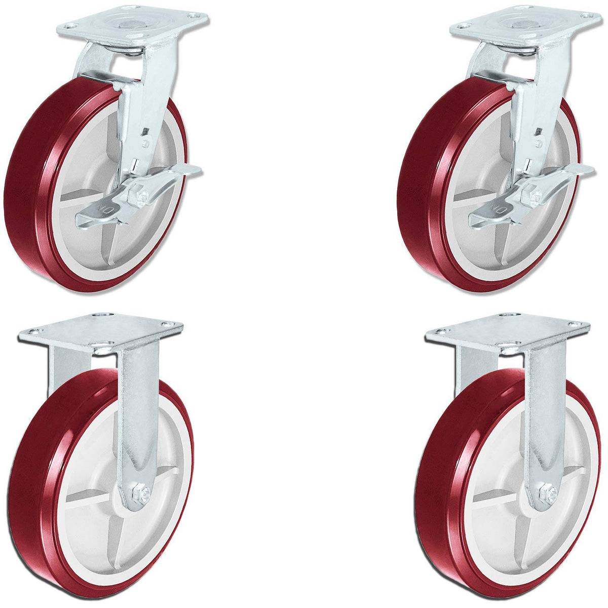 Heavy Duty Polyurethane 2 Swivel Casters with Brake and 2 Rigid Fixed Casters, 8x22 x 2x22 Size (Pack of 4) P53589